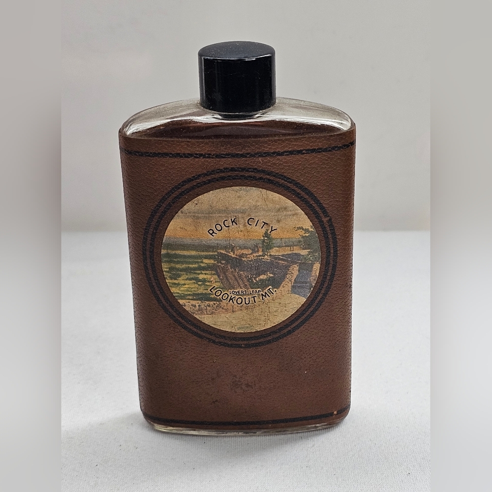 Vtg Glass & Leather Flask Rock City Lookout Mountain Georgia Lovers Leap Empty